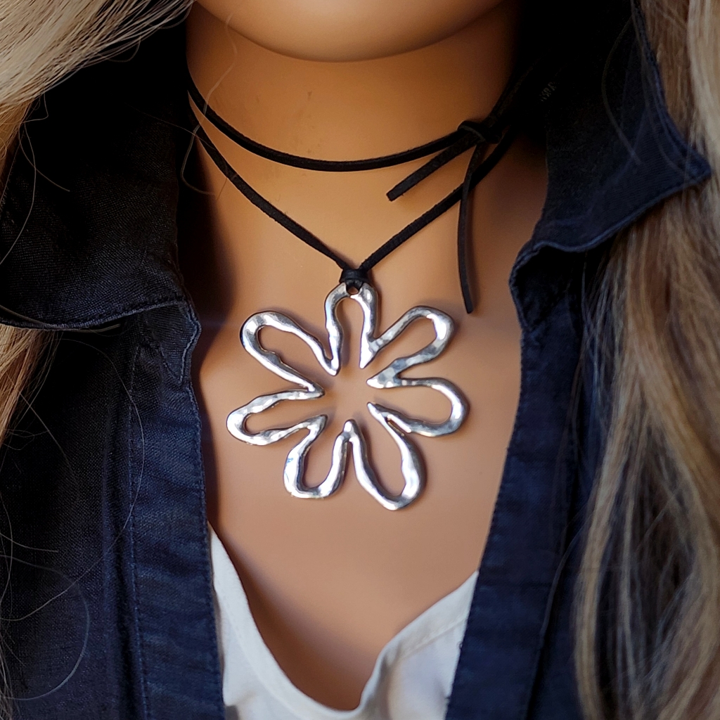 Anthropologie Jewelry Flower Large Silver Pendant Boho Ethnic Chunky Necklace